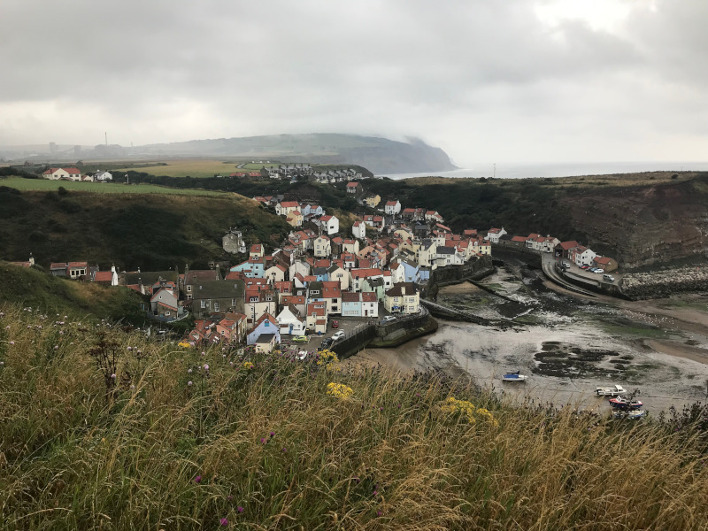 Staithes from the south cliff top above the town. A good view of the picturesque jumble of houses.