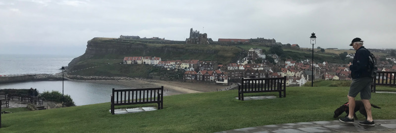 View across Whitby Bay with the Abby against the opposite skyline.