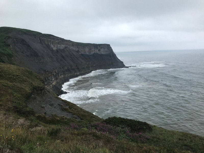 An impressive view of a bay with high cliffs.
