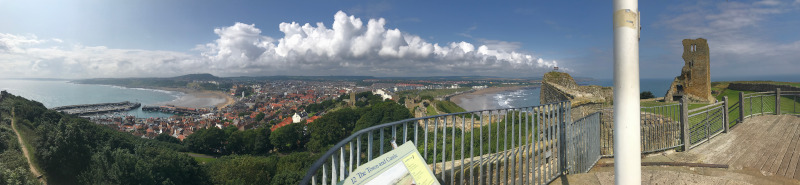 Panoramic view of Scarborough from the wall around the castle. Since Scarborough Castle is on a headland you can see both South Bay and North Bay.