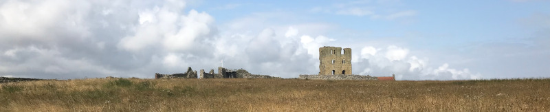 The ruins of Scarborough Castle from across the yellowing grass of the headland.