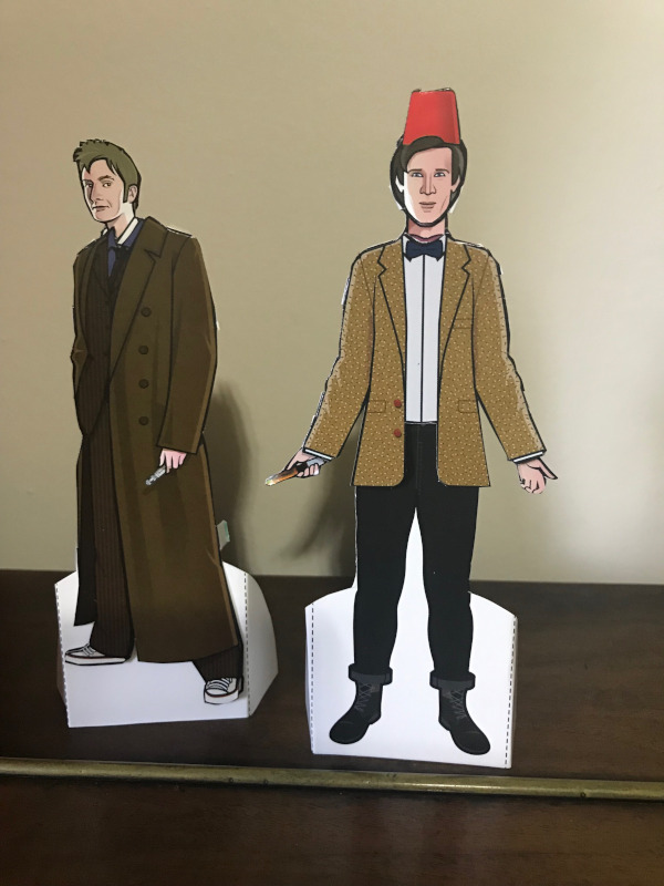 10th and 11th Doctor Paper Dolls.  Ten is in his long coat.  11 is wearing his short tweed jacket and a fez.