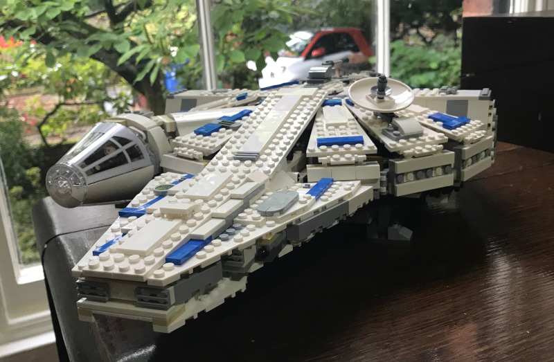 A Lego Millenium Falcon. Looking pretty much as it does in the movies, except there is a new block between the two sticky-outey bits at the front.