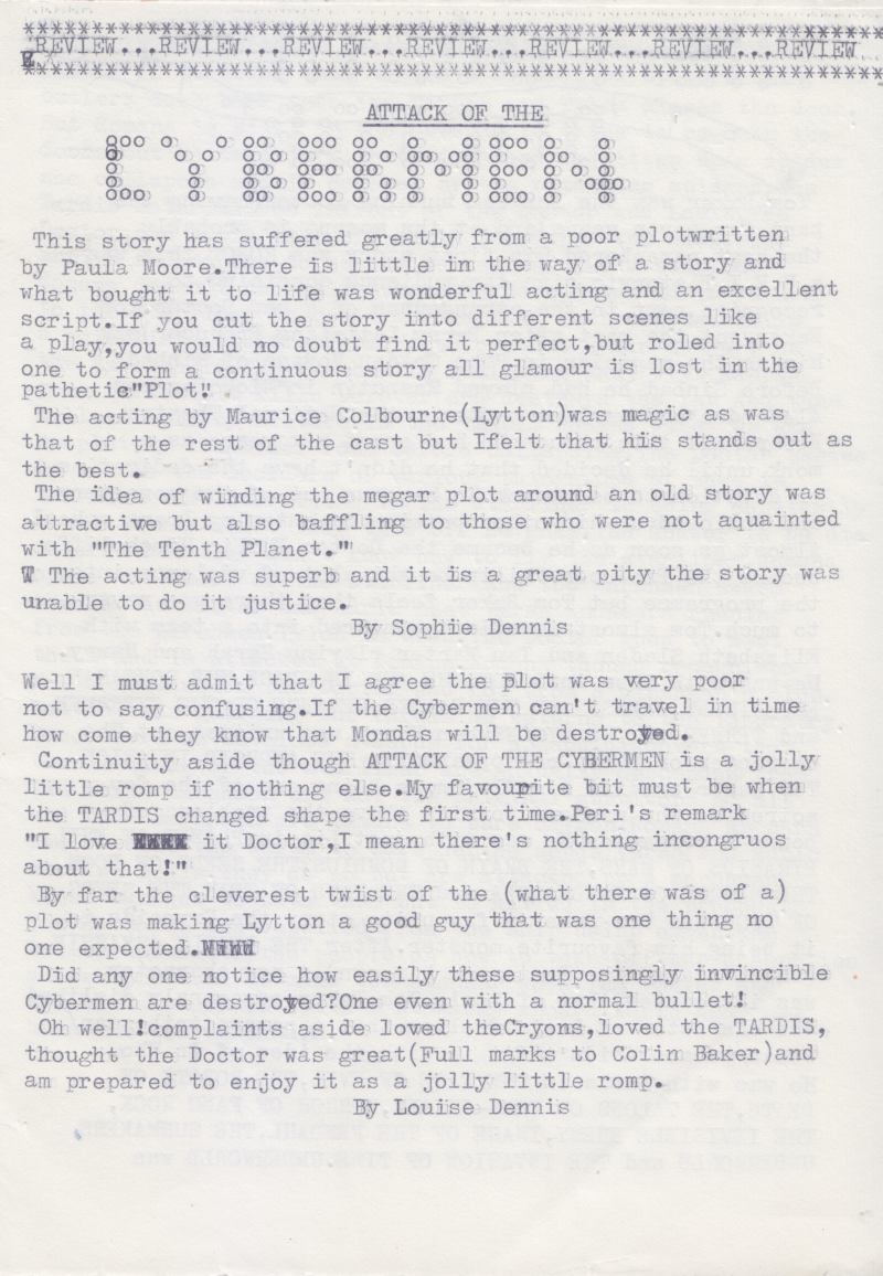 Typewriter written page from a fanzine, complete with ASCII art style heading and manual crossing out achieved by typing over typos.  Transcript below.