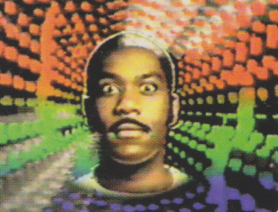Lenny Henry superimposed on the Sixth Doctor title sequence.