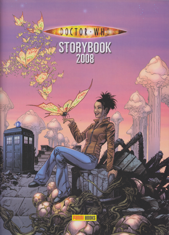 Drawing of Martha sitting on some kind of abandoned tech/eggs/spider/vines/cables contraption with a large multi-coloured butterfly (first of a flock) is landing on her finger.  Tall mushroomy things are visible in the background against a pink sky.