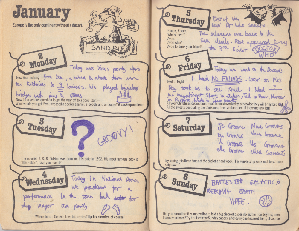 Two page spread from a weekly diary Jan 2nd to 8th. Each day has about 5cm by 10cm for writing. There is a picture of a chipmunk dressed as a French foreign legionary in a sand pit at the top of the page next to the words: Europe is the only continent without a desert. Each day has a fact or a joke printed on it as well and Thursday the 5th has a picture of the same chipmunk as a bat.