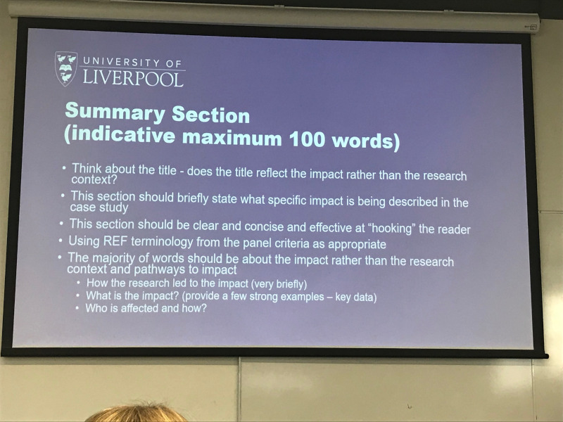 Picture of a powerpoint slide headed Impact Case (summary)