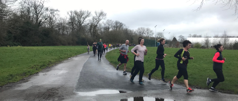 Runners in a park.  It is damp.