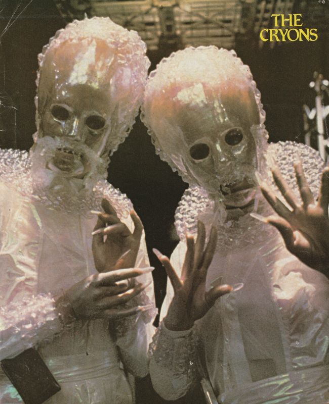 Two Cryons from Doctor Who in all their White jumpsuit covered in cling film and bubble wrap glory.