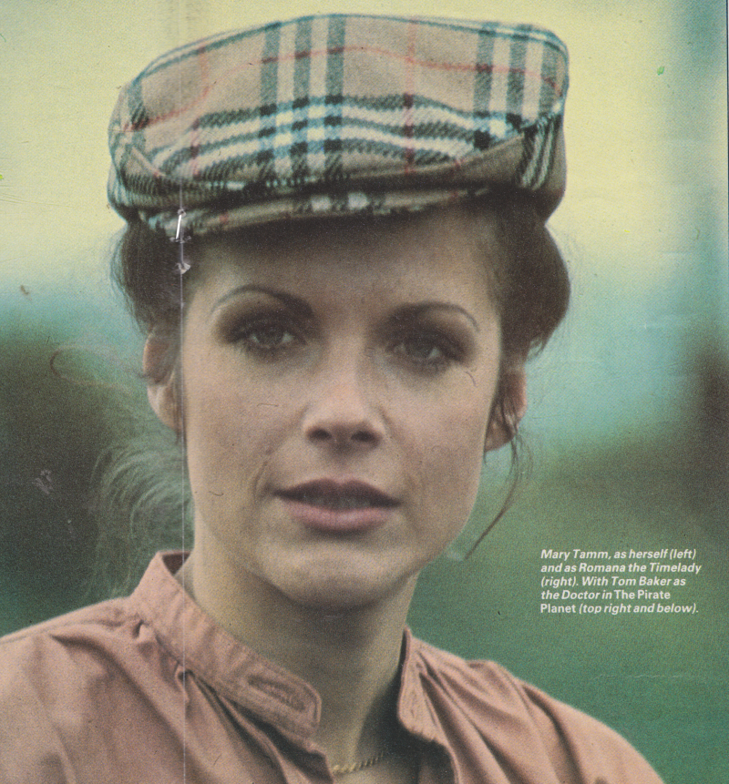 Picture of Mary Tamm (the first Romana) with her hair up under a flat cap.  Taken from DWM where the fold and staples of the magazine are also visit.  Caption says:  Mary Tamm, as herself (left) and as Romana the Timelady (right).  With Tom Baker as the Doctor in The Pirate Planet (top right and below).