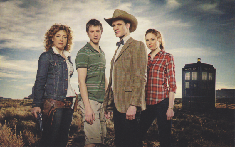 Publicity pic for The Impossible Astronaut/Day of the Moon.  The Eleventh Doctor, Amy, Rory and River: Eleven is in his cowboy hat.