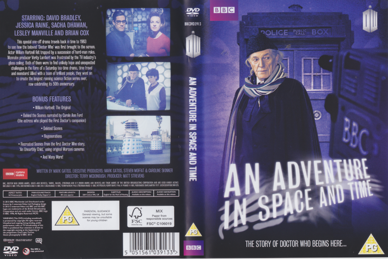 DVD Cover. The main image is David Bradley as William Hartnell as Dr Who in front of the Tardis with a 1960s BBC Camera pointed at him. The back includes images of Sacha Dhawan and Jessica Raine as Waris Hussein and Verity Lambert, The Doctor and Susan at the Tardis console, and the Daleks on London Bridge.