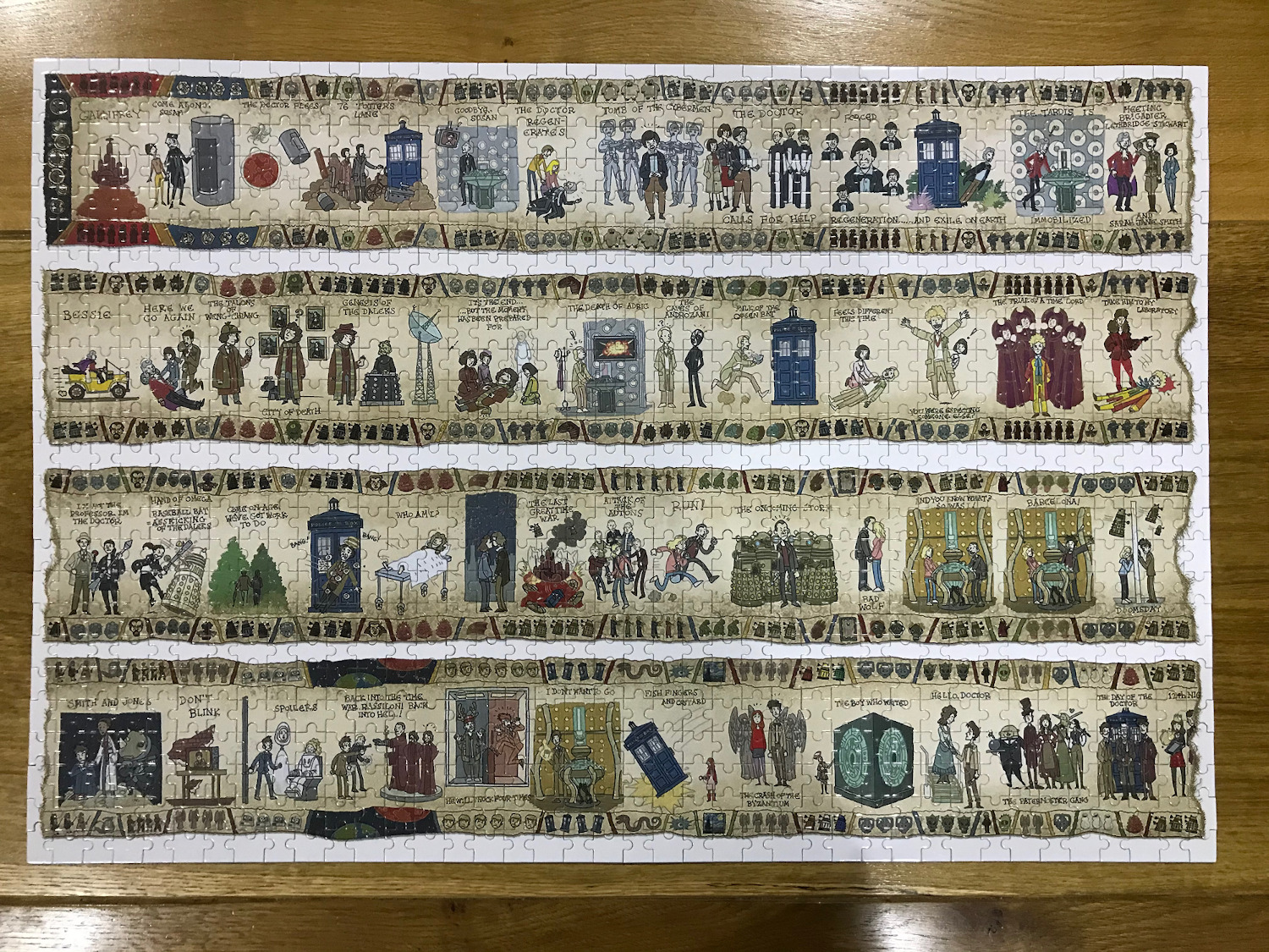 Jigsaw of the history of Dr Who up until the end of the 11th Doctor in the style of the Bayeaux Tapestry