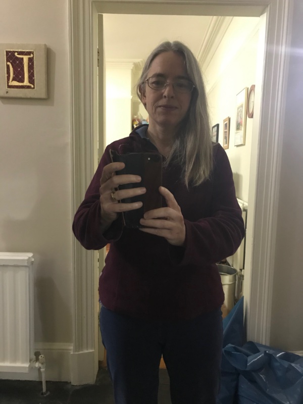 Photo of myself taken in the mirror with long hair over one shoulder
