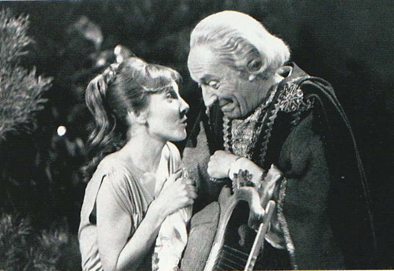 Black and White photo of Vicki and the First Doctor from The Romans looking like they are cooking up mischief