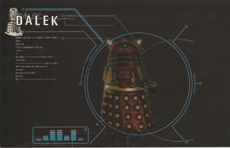 Picture of a Dalek against a black background.  A blue circle is around it - like the focus of imaginary computer recognition software.  Lines lead out to text: The word Dalek, some zeros and ones, some little sound bars.