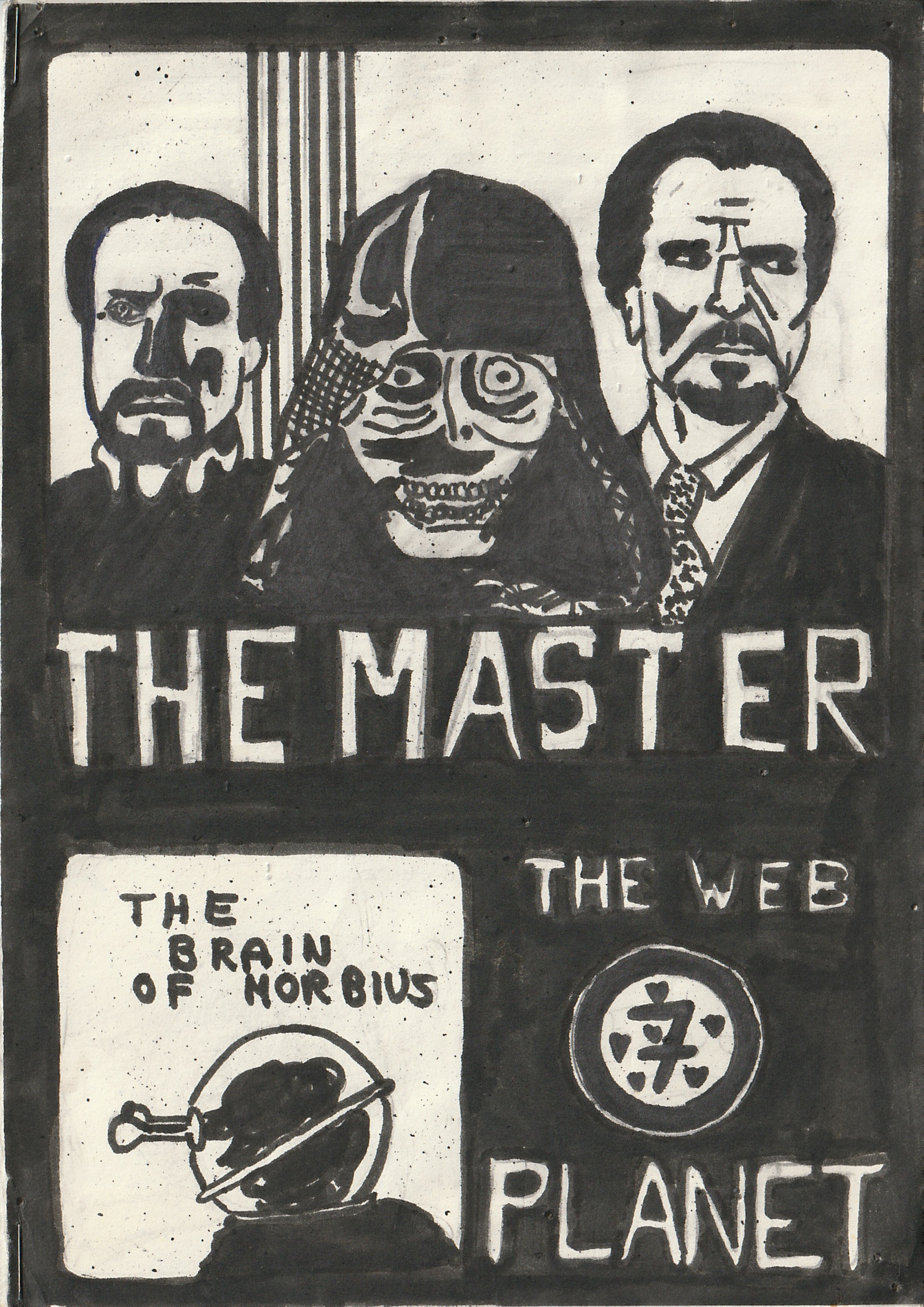 Black and White drawing.  The top panel shows the three Master to day in 1988 - Ainley, Pratt, Delgado.  Below is a picture of the Brain of Morbius and the Title: Web Planet 7.