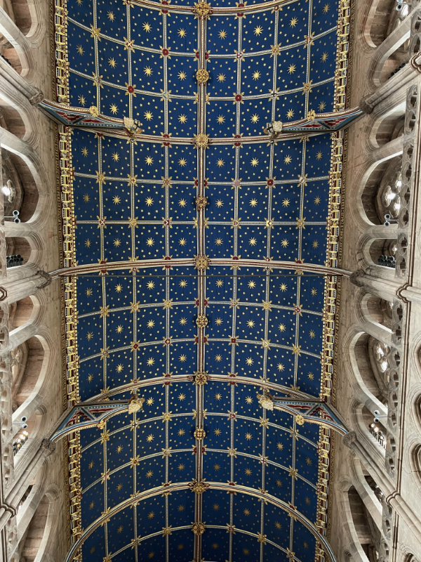 View of the arched ceiling.  Vivid blue panels each containing a central gold sun/star with smaller dots around.