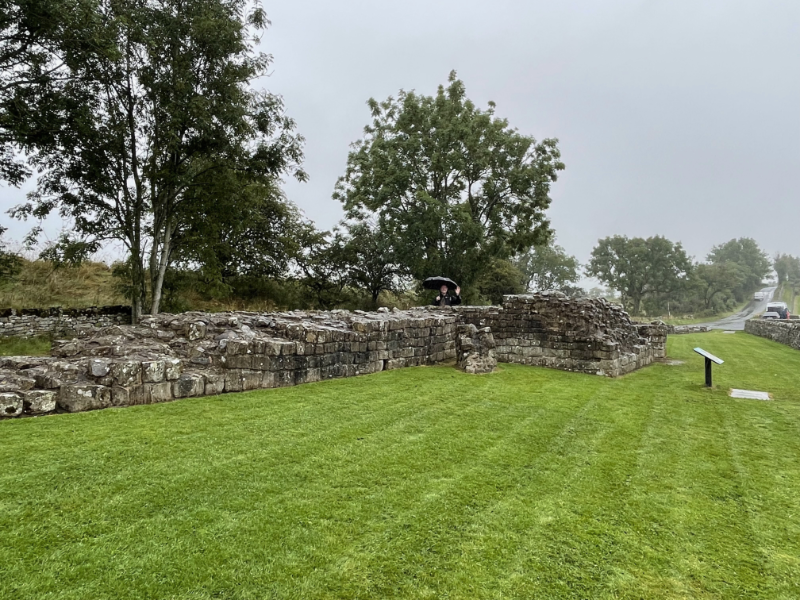 A low section of Hadrian's Wall with the remains of a square turret. It is by a road and has an information board.
