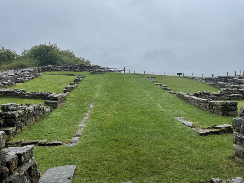 A wide green path with low walls on either side marking where buildings were.