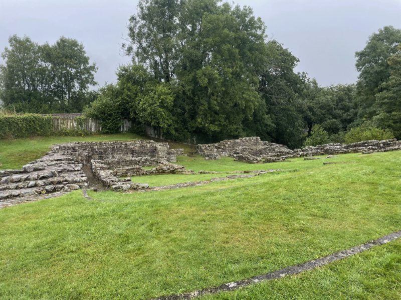 Looking down on low wall marking out buildings. Some are higher rising to two or three feet.