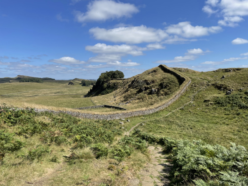 Hadrian's Wall under a blue sky, leading down a gentle slope and then up the next one.