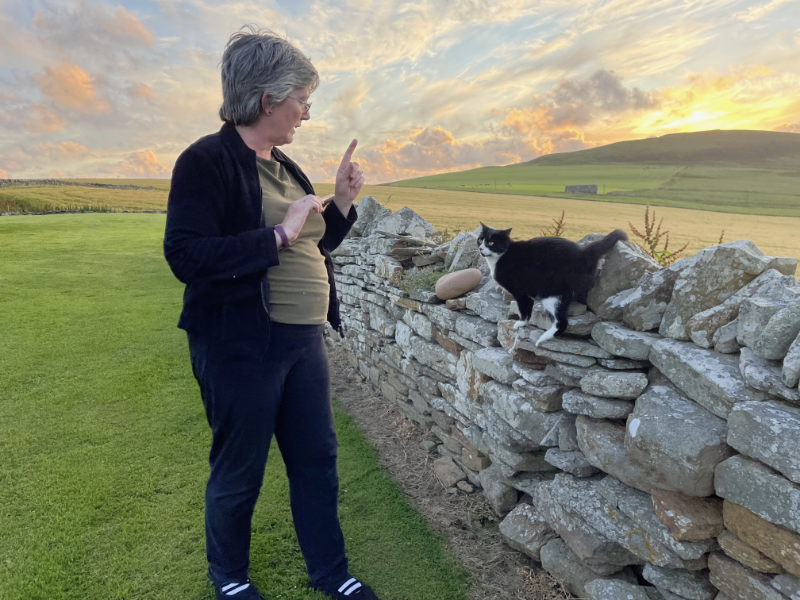 Aerin talks to a cat perched on a dry stone wall. Dramatic evening sky behind.
