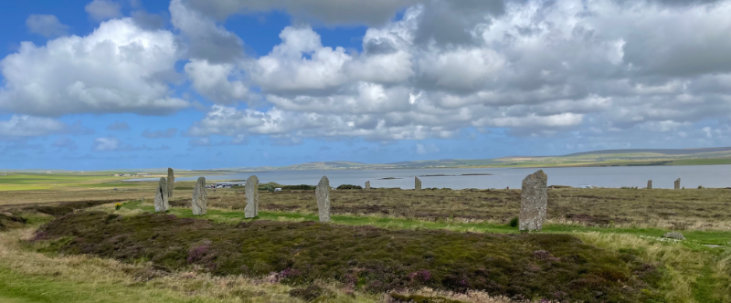 Half a circle of standing stones.