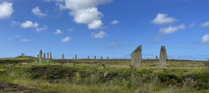 Large Circle of tall thin stones against the sky.