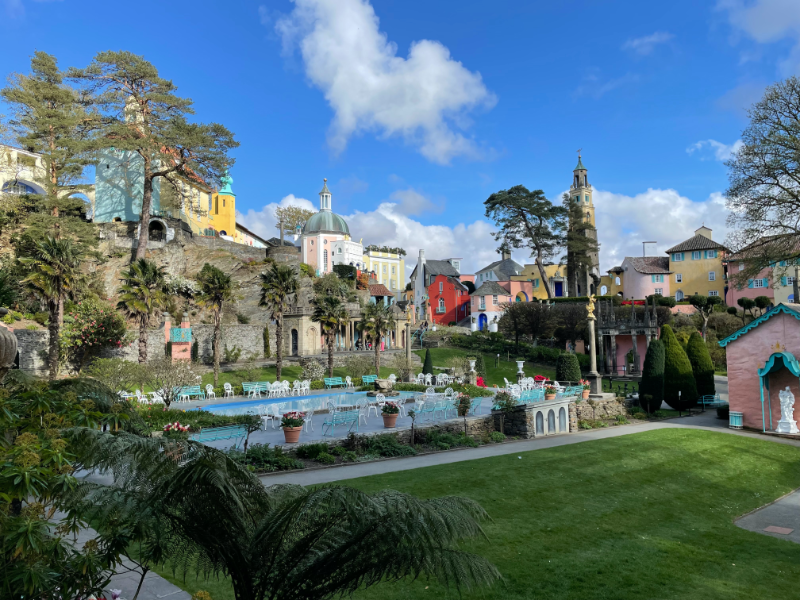 Portmeirion view from the main square encompassing belvedere and campanile.