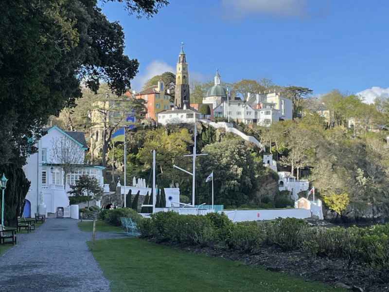 Portmeirion view from quayside.  Campanile, belvedere and ascending steps/walkway.