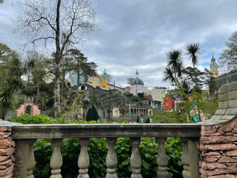 Portmeirion view from stone balustrade to belvedere.