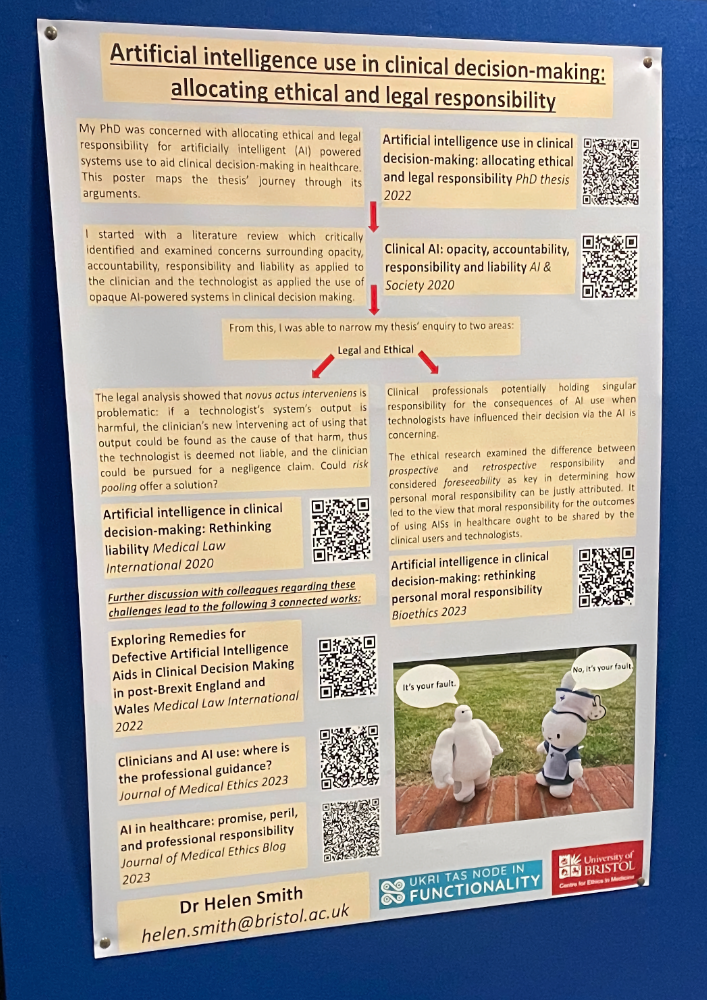 Academic Poster by Helen Smith from the UKRI TAs Node in Functionality and the University of Bristol.  It documents her thesis journey through literature review to looking separately at the legal and ethical aspects of the use of AI in clinical decision-making.  There are QR codes and references for key publications: Artificial intelligence use in clinical decision making: allocating ethical and legal responsibility, PhD thesis, 2022.  Clinical AI: opacity, accountability, responsibility and liability, AI & Society 2020.  Artificial intelligence in clinical decision-making: Rethinking liability, Medical Law International 2020.  Exploring Remedies for Defective Artificial Intelligence Aids in Clinical Decision Making in post-Brexit England and Wales, Medical Law International, 2022.  Clinicians and AI use: where is the professional guidance? Journal of Medical Ethics, 2023.  AI in healthcare: promise, serial and professional responsibility.  Journal of Medical Ethics Blog 2023.  Artificial intelligence in clinical decision-making: rethinking personal moral responsibility.  Bioethics 2023.  There is a little captioned image of two robots one saying 'It's your fault' and the other saying `No, it's your fault.'