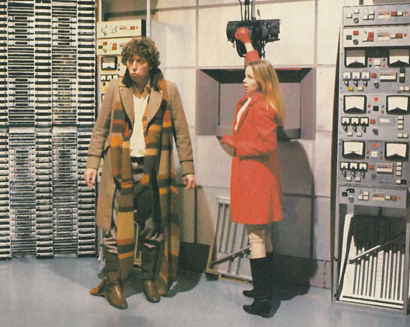 The Fourth Doctor and Romana from the Horns of Nimon.  Romana is reaching up to pull a switch.