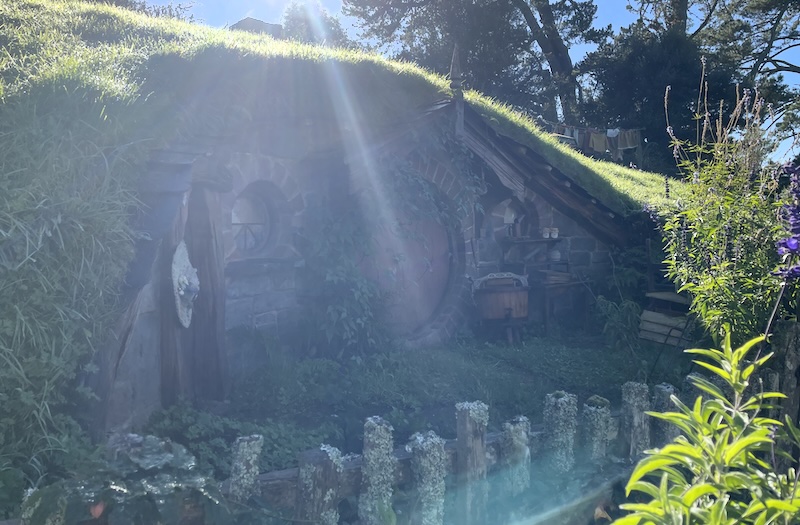 A photo of a hobbit hole somewhat marred by a sunbeam. Next to the door can just been seen a being with two jars on it and a smoker. A beehive to one side.