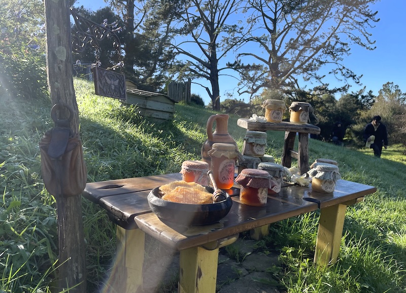 A table with jars of honey and honey comb on it