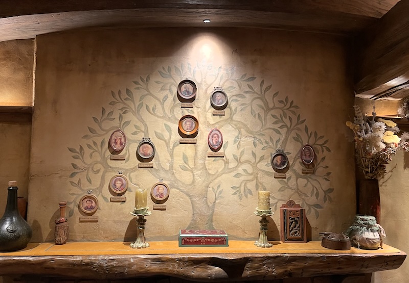 A tree painted on the wall with miniatures placed on it an labelled.