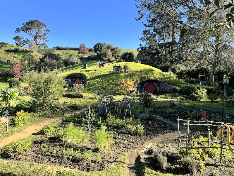 A small rise containing two hobbit holes with red doors. Washing is on a line on top of the line in between the chimneys. Vegetable gardens in front.