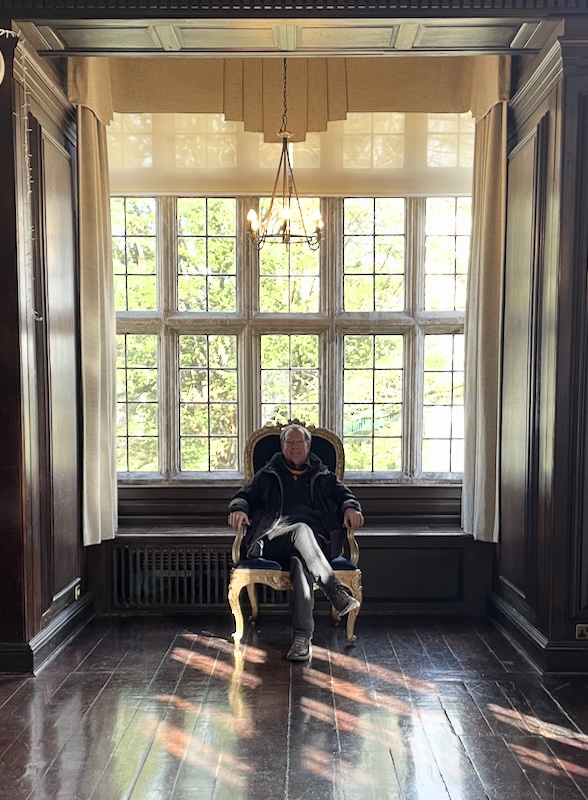 B. sitting in a gold-edged chair before a large window