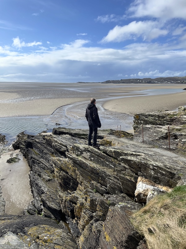B. stands on a rock looking out over sand and sea.