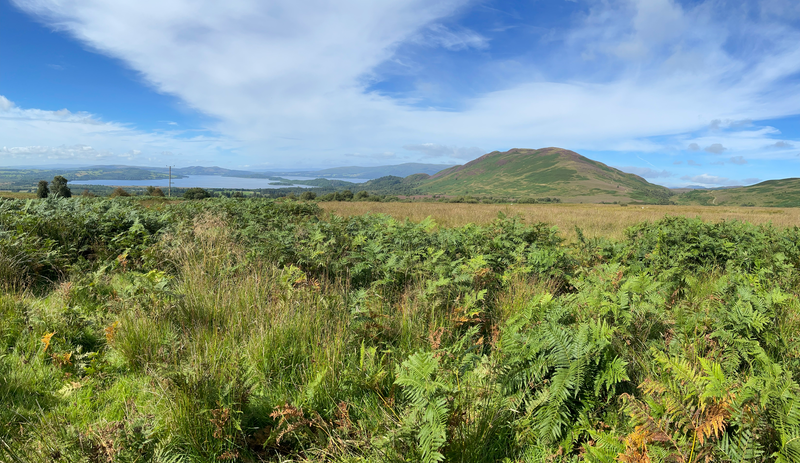 Blue sky, hill to the right, Loch Lomond below.