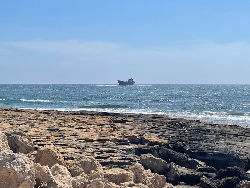 A rocky shore, some way off in a slight haze is the silhouette for a cargo ship.