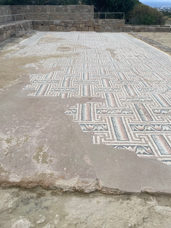 A long mosaic floor with a geometric design, out in the open surrounded by low stone walls.