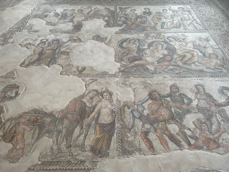 An elaborate mosaic with multiple panels (not all complete) showing revelry.