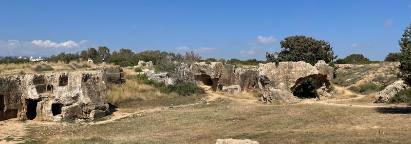 View of a low rocky hillside with many squarish holes in it.