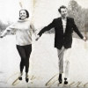 Ian and Barbara running through London 1965, hand in hand.  Slight colour wash a hint of handwritten text around their feet.