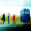 The Doctor, Bill and Nardole standing outside the Tardis from Eaters of Light.