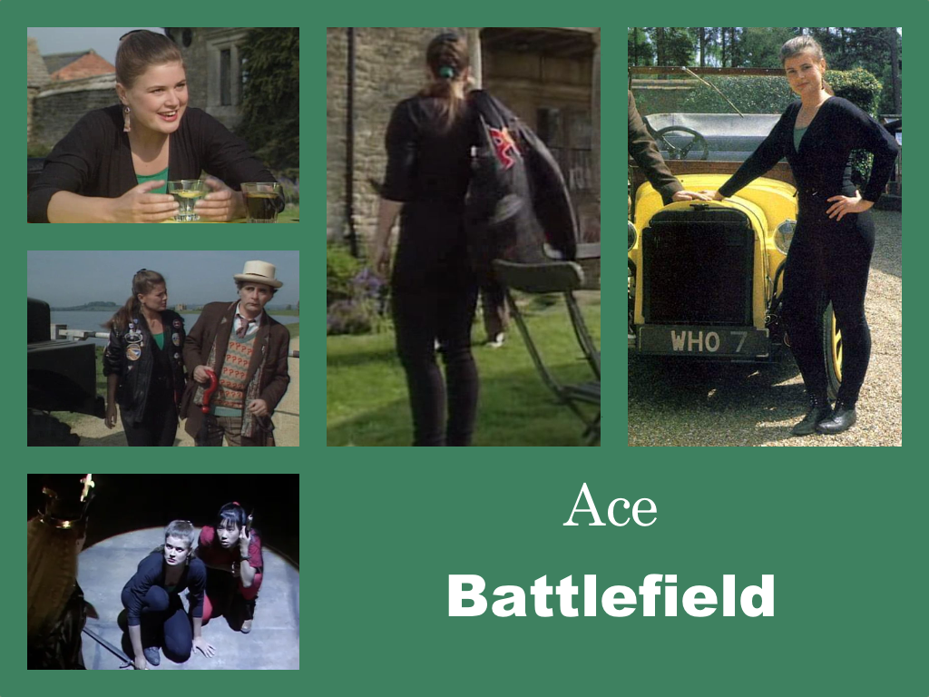 Selection of images of Ace's outfit from Battlefield. Black leggings and a figuring hugging black top with a deep V-neck showing an acquamarine top underneath. Sensible black shoes. An acquamarine hair band tying back her hair. Sometimes the famous jacket with badges all over it. Long dangling earrings.