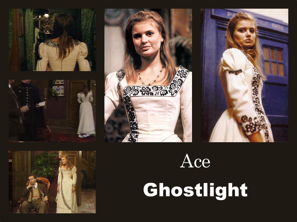 Selection of images of Ace's outfit from Ghostlight.  A long white dress with an asymetrical overskirt edged with dark blue flowers, which continues to an asymetrical pattern up the bodice.  The sleeves have flowers at the cuffs and a slight gather with dark blue lace just below the shoulder.